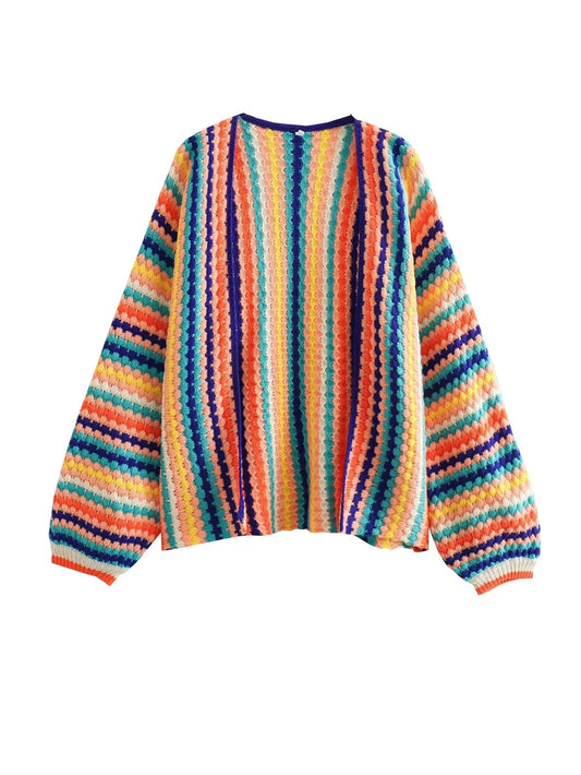 Women'S Knitted Colorful Cardigan Long Sleeve Fashion Sweater 2024 Autumn Winter Loose Sweaters Casual Ethnic Style New in Coats