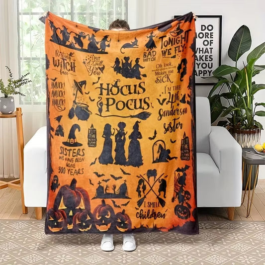 Traditional-Style Hocus Pocus Themed Flannel Throw Blanket, Machine Washable, All-Season Stain-Resistant Bedding with Pumpkin