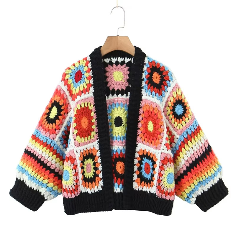 Autumn New Hollow Hook Flower Geometric Short Knit Cardigan Women Bohemian Style Thick Line Sweater Buttonless