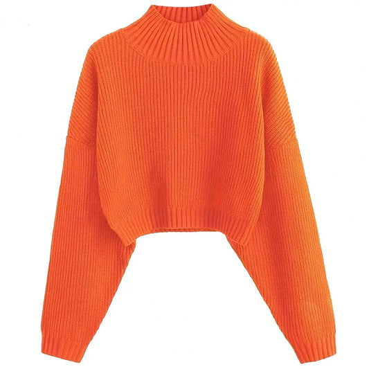 Loose Fit Knitted Top Stylish Women'S Cropped Sweater Collection Half High Collar Slim Fit Tops Long Sleeve Knitting Jumper