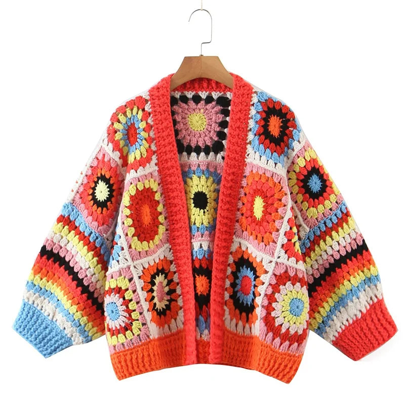 Autumn New Hollow Hook Flower Geometric Short Knit Cardigan Women Bohemian Style Thick Line Sweater Buttonless