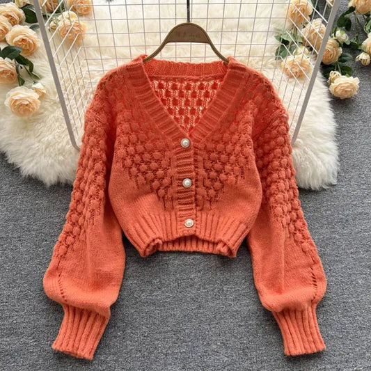 Orange Hollow Out Acrylic Knit Lantern Sleeve V-Neck Women'S Cardigan Single Breasted Sweater Cardigan for Women Clothing 2024