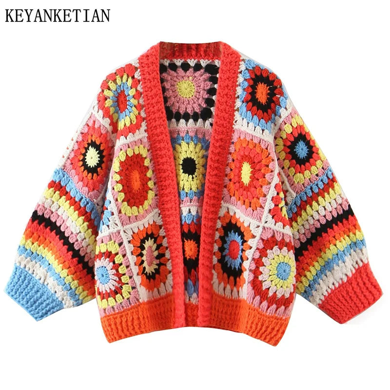 Autumn New Hollow Hook Flower Geometric Short Knit Cardigan Women Bohemian Style Thick Line Sweater Buttonless