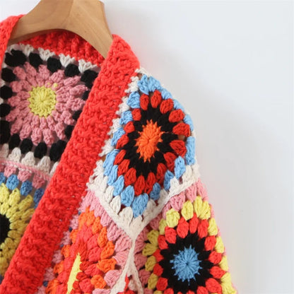 Autumn New Hollow Hook Flower Geometric Short Knit Cardigan Women Bohemian Style Thick Line Sweater Buttonless