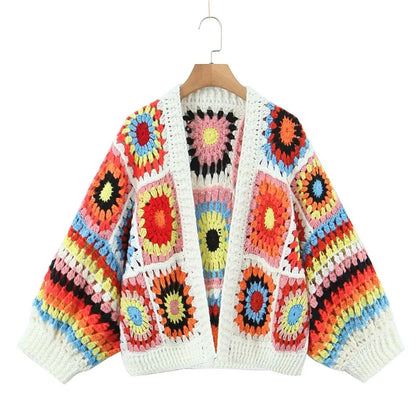 Autumn New Hollow Hook Flower Geometric Short Knit Cardigan Women Bohemian Style Thick Line Sweater Buttonless