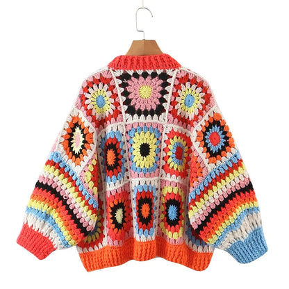 Autumn New Hollow Hook Flower Geometric Short Knit Cardigan Women Bohemian Style Thick Line Sweater Buttonless