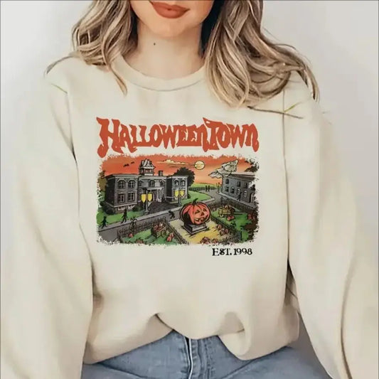 Halloween Town Print Pullover Sweatshirt Casual Long Sleeve Crew Neck Sweatshirt for Fall Winter Women'S Clothing